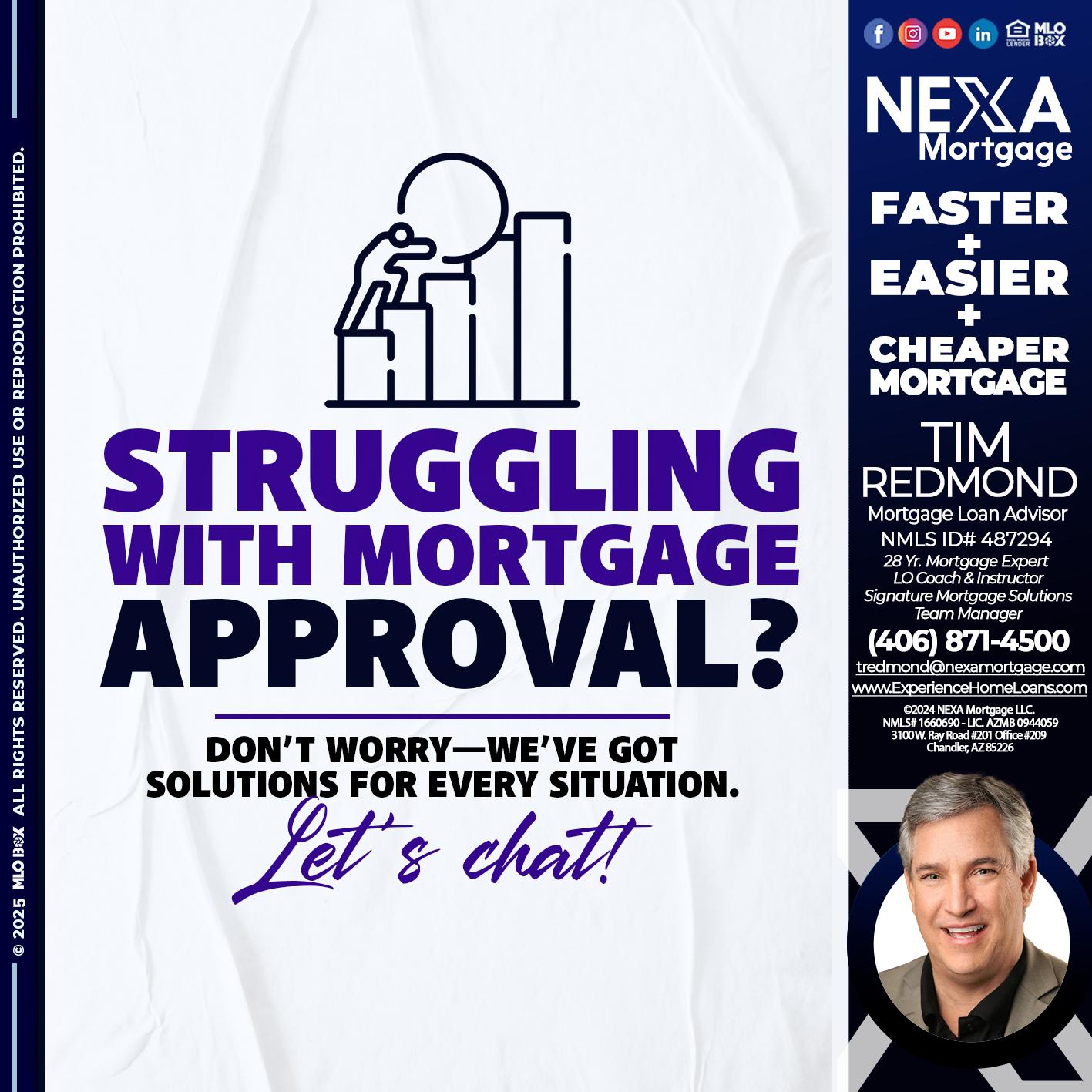 STRUGLING - Tim Redmond -Mortgage Loan Advisor | NMLS 487294 <br /> 28yr/Mortgage Expert | LO Coach & Instructor <br /> Signature Mortgage Solutions | Team Manager” alt=”STRUGLING – Tim Redmond -Mortgage Loan Advisor | NMLS 487294 <br /> 28yr/Mortgage Expert | LO Coach & Instructor <br /> Signature Mortgage Solutions | Team Manager” />Hi, my name is Tim Redmond. Iβm a Loan Officer with NEXA Mortgage LLC., offering personalized mortgage solutions, fast customized quotes, great rates and service with integrity.</p>
<div class=