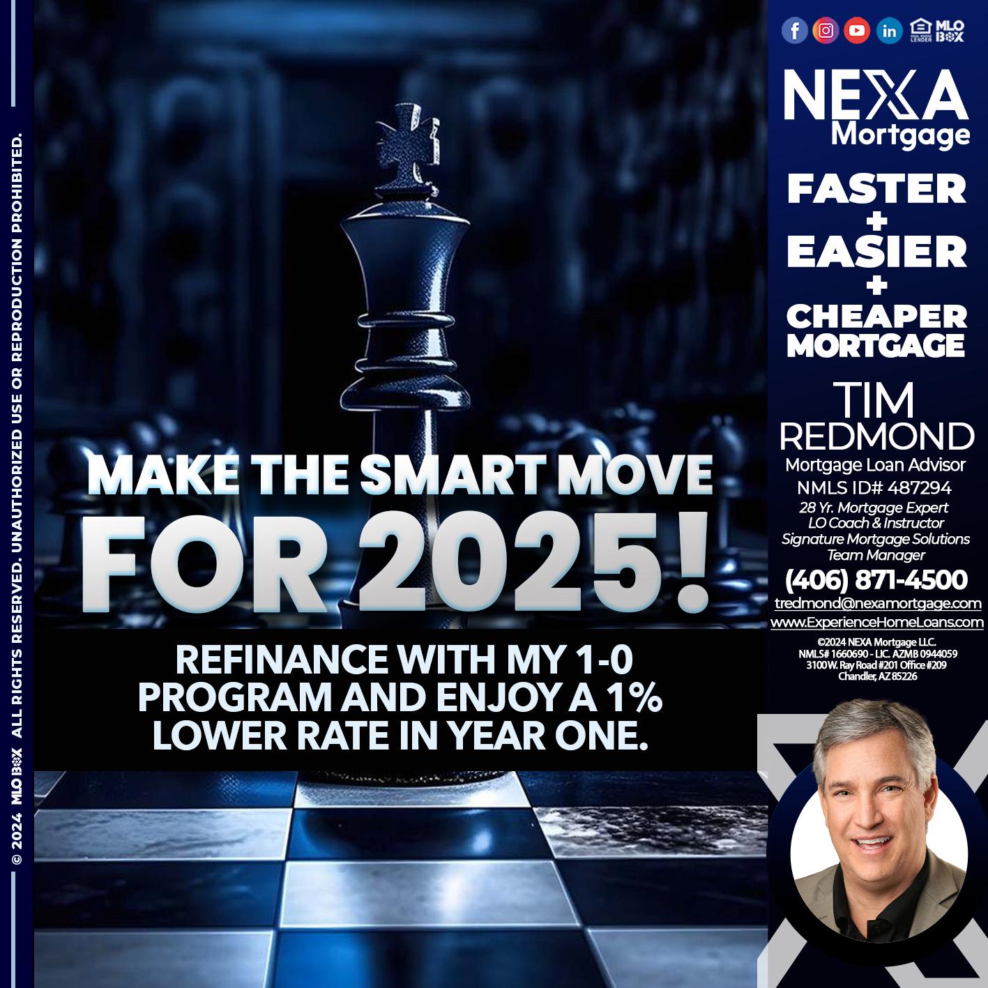 MAKE THE SMART MOVE - Tim Redmond -Mortgage Loan Advisor | NMLS 487294 <br /> 28yr/Mortgage Expert | LO Coach & Instructor <br /> Signature Mortgage Solutions | Team Manager” alt=”MAKE THE SMART MOVE – Tim Redmond -Mortgage Loan Advisor | NMLS 487294 <br /> 28yr/Mortgage Expert | LO Coach & Instructor <br /> Signature Mortgage Solutions | Team Manager” />Hi, my name is Tim Redmond. I’m a Loan Officer with NEXA Mortgage LLC., offering personalized mortgage solutions, fast customized quotes, great rates and service with integrity.</p>
<div class=