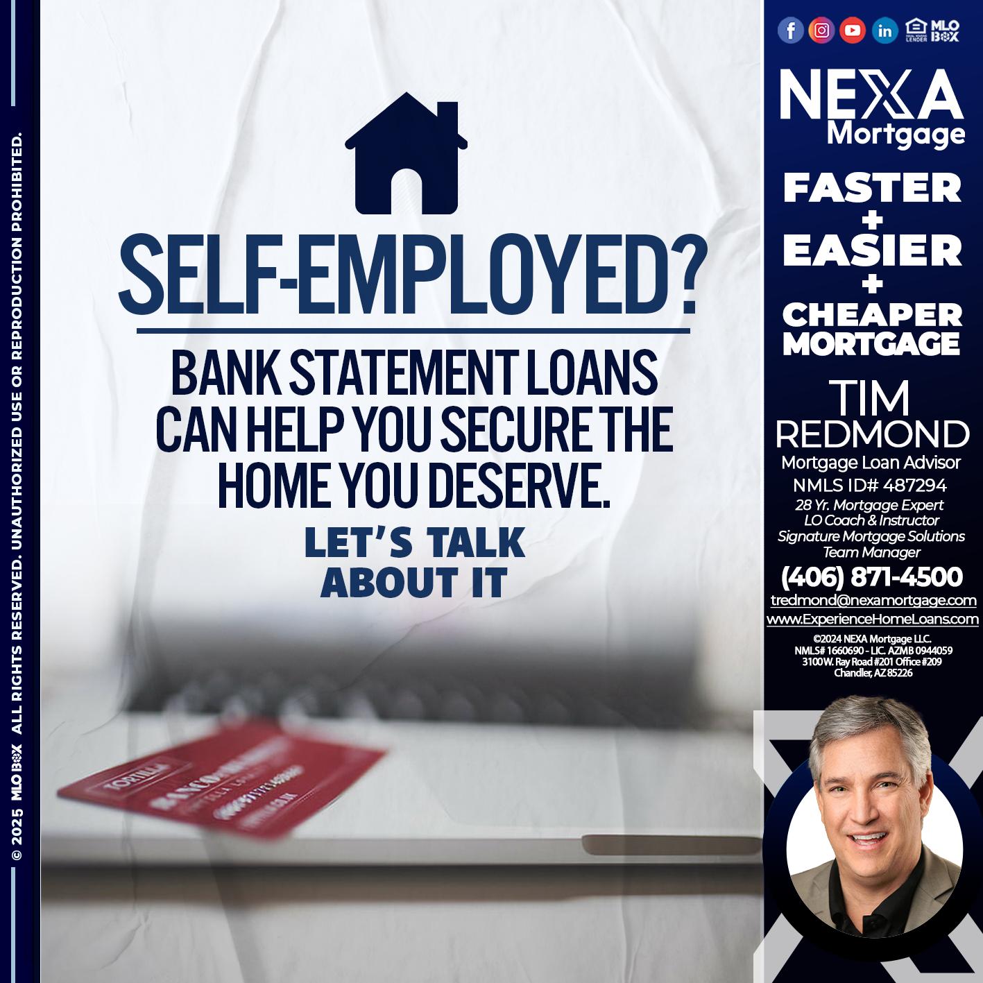LETΒ΄S TALK ABOUT IT - Tim Redmond -Mortgage Loan Advisor | NMLS 487294 <br /> 28yr/Mortgage Expert | LO Coach & Instructor <br /> Signature Mortgage Solutions | Team Manager” alt=”LETΒ΄S TALK ABOUT IT – Tim Redmond -Mortgage Loan Advisor | NMLS 487294 <br /> 28yr/Mortgage Expert | LO Coach & Instructor <br /> Signature Mortgage Solutions | Team Manager” />Hi, my name is Tim Redmond. Iβm a Loan Officer with NEXA Mortgage LLC., offering personalized mortgage solutions, fast customized quotes, great rates and service with integrity.</p>
<div class=