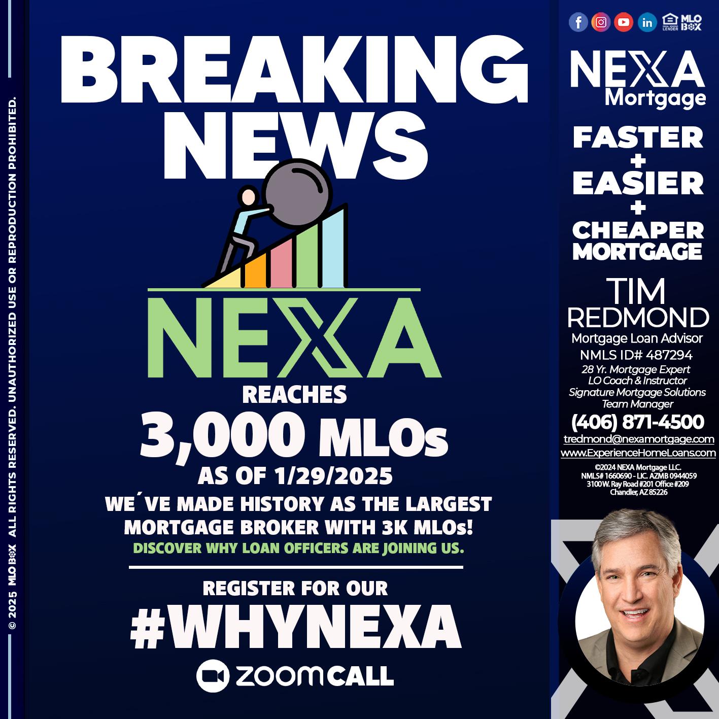 BREAKING NEWS - Tim Redmond -Mortgage Loan Advisor | NMLS 487294 <br /> 28yr/Mortgage Expert | LO Coach & Instructor <br /> Signature Mortgage Solutions | Team Manager” alt=”BREAKING NEWS – Tim Redmond -Mortgage Loan Advisor | NMLS 487294 <br /> 28yr/Mortgage Expert | LO Coach & Instructor <br /> Signature Mortgage Solutions | Team Manager” />Hi, my name is Tim Redmond. Iβm a Loan Officer with NEXA Mortgage LLC., offering personalized mortgage solutions, fast customized quotes, great rates and service with integrity.</p>
<div class=