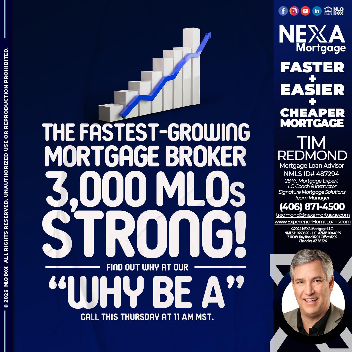 3K MLOs STRONG - Tim Redmond -Mortgage Loan Advisor | NMLS 487294 <br /> 28yr/Mortgage Expert | LO Coach & Instructor <br /> Signature Mortgage Solutions | Team Manager” alt=”3K MLOs STRONG – Tim Redmond -Mortgage Loan Advisor | NMLS 487294 <br /> 28yr/Mortgage Expert | LO Coach & Instructor <br /> Signature Mortgage Solutions | Team Manager” />Hi, my name is Tim Redmond. Iβm a Loan Officer with NEXA Mortgage LLC., offering personalized mortgage solutions, fast customized quotes, great rates and service with integrity.</p>
<div class=
