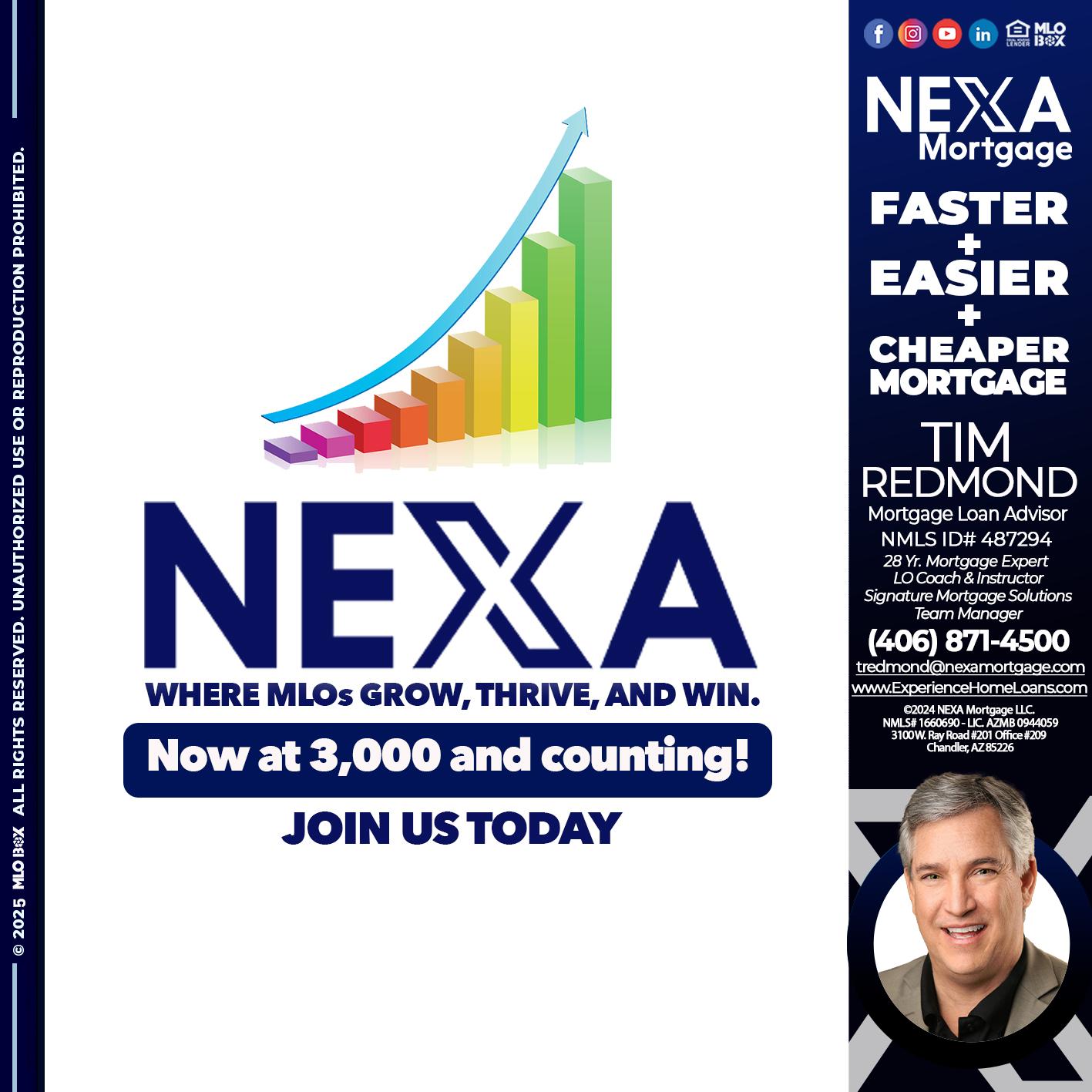 3,000 MLOs - Tim Redmond -Mortgage Loan Advisor | NMLS 487294 <br /> 28yr/Mortgage Expert | LO Coach & Instructor <br /> Signature Mortgage Solutions | Team Manager” alt=”3,000 MLOs – Tim Redmond -Mortgage Loan Advisor | NMLS 487294 <br /> 28yr/Mortgage Expert | LO Coach & Instructor <br /> Signature Mortgage Solutions | Team Manager” />Hi, my name is Tim Redmond. Iβm a Loan Officer with NEXA Mortgage LLC., offering personalized mortgage solutions, fast customized quotes, great rates and service with integrity.</p>
<div class=