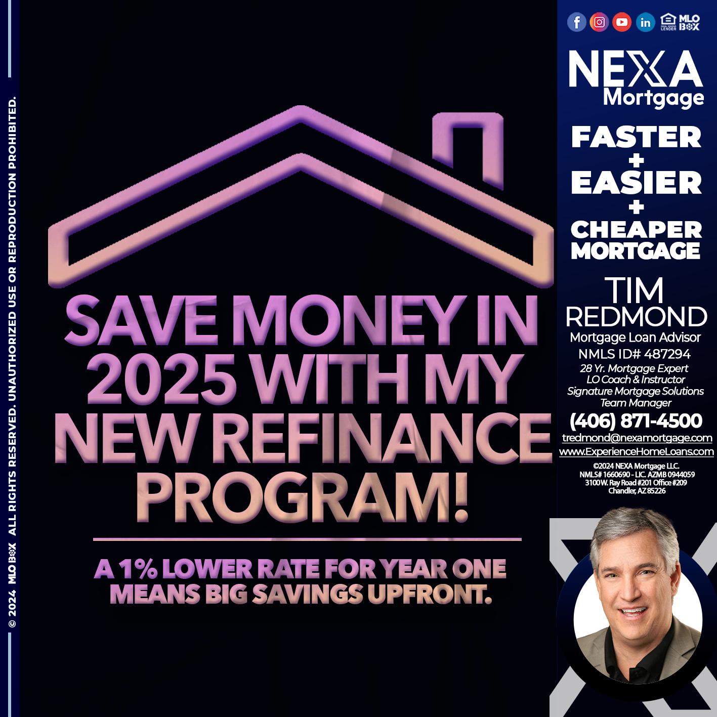 SAVE MONEY IN 2025 - Tim Redmond -Mortgage Loan Advisor | NMLS 487294 <br /> 28yr/Mortgage Expert | LO Coach & Instructor <br /> Signature Mortgage Solutions | Team Manager” alt=”SAVE MONEY IN 2025 – Tim Redmond -Mortgage Loan Advisor | NMLS 487294 <br /> 28yr/Mortgage Expert | LO Coach & Instructor <br /> Signature Mortgage Solutions | Team Manager” />Hi, my name is Tim Redmond. I’m a Loan Officer with NEXA Mortgage LLC., offering personalized mortgage solutions, fast customized quotes, great rates and service with integrity.</p>
<div class=