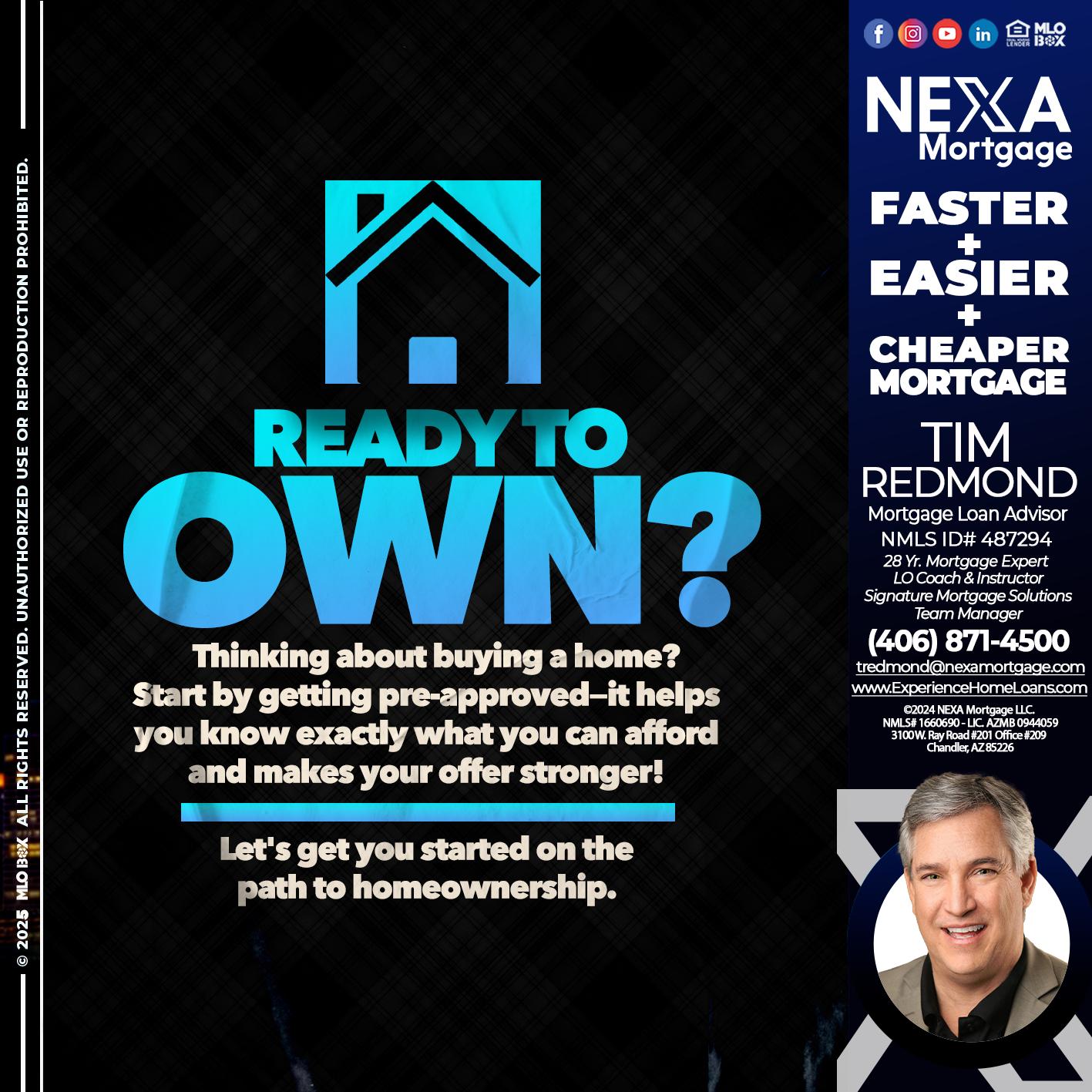 READY TO OWN - Tim Redmond -Mortgage Loan Advisor | NMLS 487294 <br /> 28yr/Mortgage Expert | LO Coach & Instructor <br /> Signature Mortgage Solutions | Team Manager” alt=”READY TO OWN – Tim Redmond -Mortgage Loan Advisor | NMLS 487294 <br /> 28yr/Mortgage Expert | LO Coach & Instructor <br /> Signature Mortgage Solutions | Team Manager” />Hi, my name is Tim Redmond. Iβm a Loan Officer with NEXA Mortgage LLC., offering personalized mortgage solutions, fast customized quotes, great rates and service with integrity.</p>
<div class=