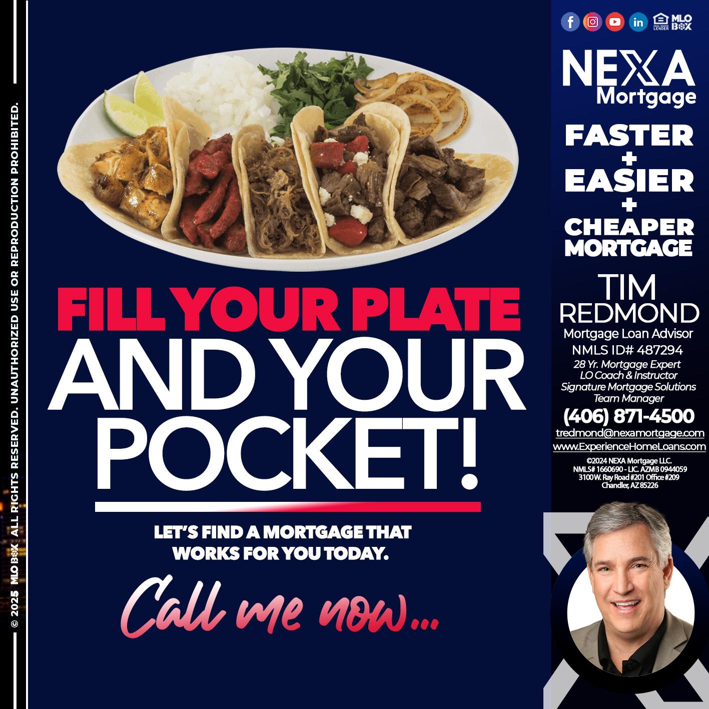 FILL YOUR PLATE - Tim Redmond -Mortgage Loan Advisor | NMLS 487294 <br /> 30yr/Mortgage Expert | LO Coach <br /> Team Manager | Signature Mortgage Solutions” alt=”FILL YOUR PLATE – Tim Redmond -Mortgage Loan Advisor | NMLS 487294 <br /> 30yr/Mortgage Expert | LO Coach <br /> Team Manager | Signature Mortgage Solutions” />Hi, my name is Tim Redmond. Iβm a Loan Officer with NEXA Mortgage LLC., offering personalized mortgage solutions, fast customized quotes, great rates and service with integrity.</p>
<div class=