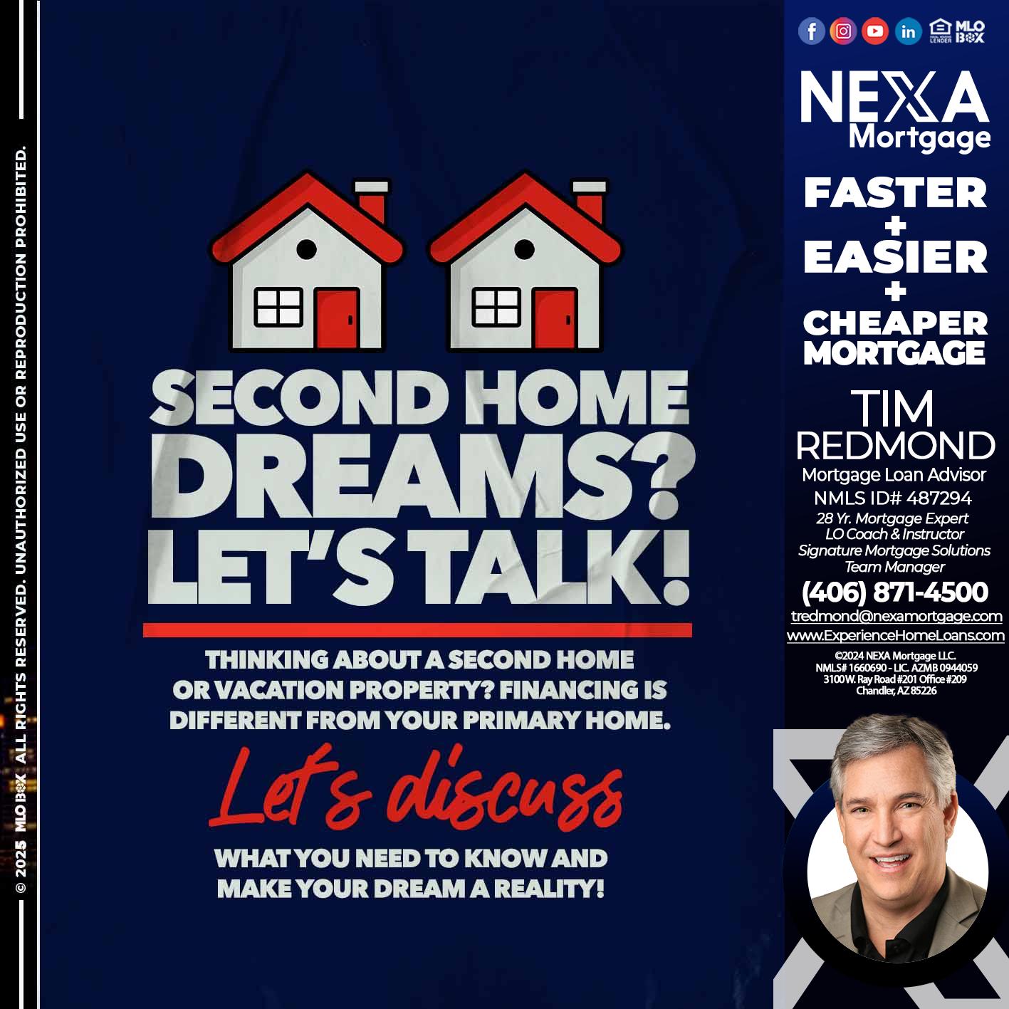 second home dreams? - Tim Redmond -Mortgage Loan Advisor | NMLS 487294 <br /> 30yr/Mortgage Expert | LO Coach <br /> Team Manager | Signature Mortgage Solutions” alt=”second home dreams? – Tim Redmond -Mortgage Loan Advisor | NMLS 487294 <br /> 30yr/Mortgage Expert | LO Coach <br /> Team Manager | Signature Mortgage Solutions” />Hi, my name is Tim Redmond. Iβm a Loan Officer with NEXA Mortgage LLC., offering personalized mortgage solutions, fast customized quotes, great rates and service with integrity.</p>
<div class=