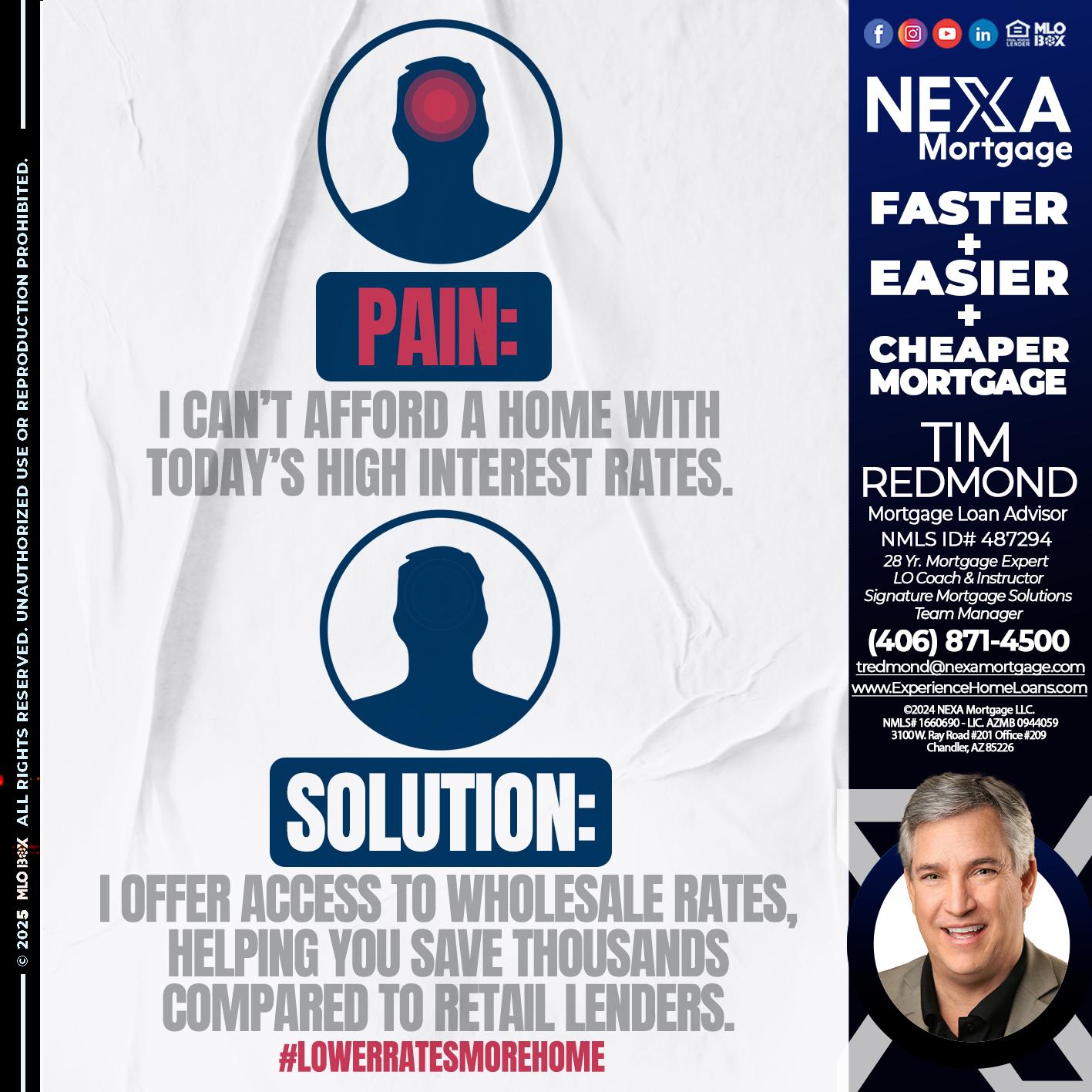 PAIN-SOLUTION - Tim Redmond -Mortgage Loan Advisor | NMLS 487294 <br /> 30yr/Mortgage Expert | LO Coach <br /> Team Manager | Signature Mortgage Solutions” alt=”PAIN-SOLUTION – Tim Redmond -Mortgage Loan Advisor | NMLS 487294 <br /> 30yr/Mortgage Expert | LO Coach <br /> Team Manager | Signature Mortgage Solutions” />Hi, my name is Tim Redmond. Iβm a Loan Officer with NEXA Mortgage LLC., offering personalized mortgage solutions, fast customized quotes, great rates and service with integrity.</p>
<div class=