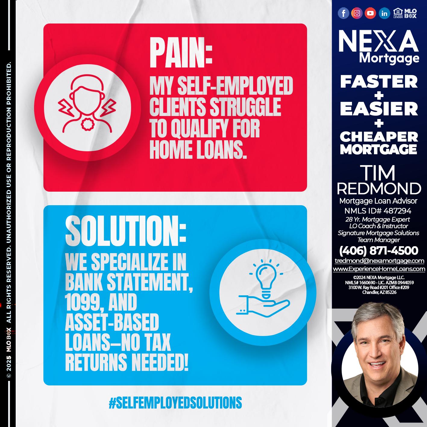 pain-solution - Tim Redmond -Mortgage Loan Advisor | NMLS 487294 <br /> 30yr/Mortgage Expert | LO Coach <br /> Team Manager | Signature Mortgage Solutions” alt=”pain-solution – Tim Redmond -Mortgage Loan Advisor | NMLS 487294 <br /> 30yr/Mortgage Expert | LO Coach <br /> Team Manager | Signature Mortgage Solutions” />Hi, my name is Tim Redmond. Iβm a Loan Officer with NEXA Mortgage LLC., offering personalized mortgage solutions, fast customized quotes, great rates and service with integrity.</p>
<div class=