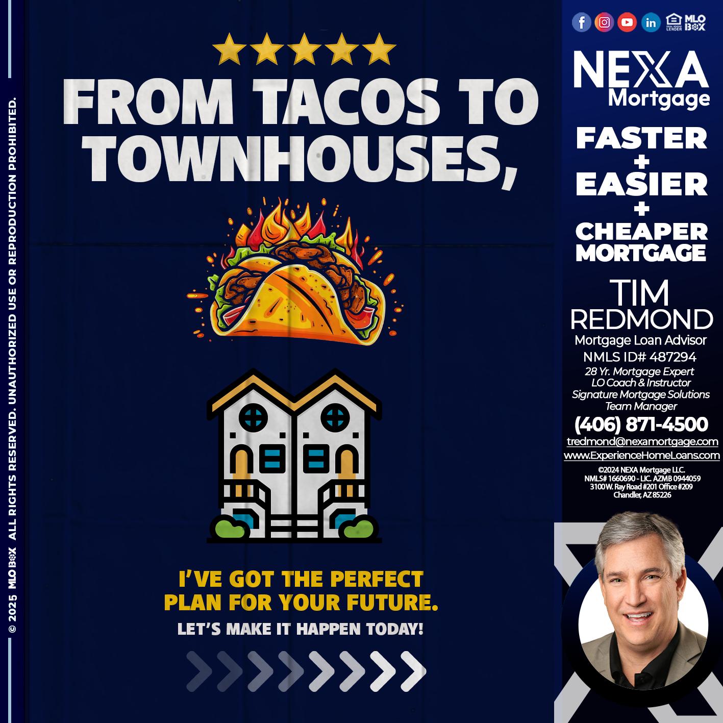 from tacos to townhomes - Tim Redmond -Mortgage Loan Advisor | NMLS 487294 <br /> 30yr/Mortgage Expert | LO Coach <br /> Team Manager | Signature Mortgage Solutions” alt=”from tacos to townhomes – Tim Redmond -Mortgage Loan Advisor | NMLS 487294 <br /> 30yr/Mortgage Expert | LO Coach <br /> Team Manager | Signature Mortgage Solutions” />Hi, my name is Tim Redmond. Iβm a Loan Officer with NEXA Mortgage LLC., offering personalized mortgage solutions, fast customized quotes, great rates and service with integrity.</p>
<div class=