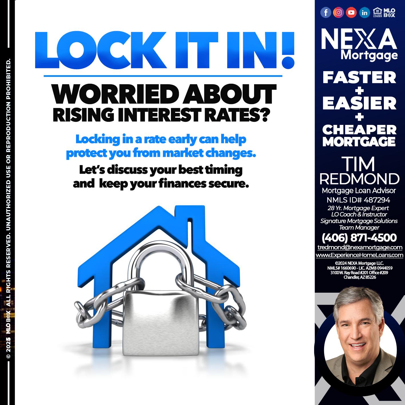 LOCK IT IN - Tim Redmond -Mortgage Loan Advisor | NMLS 487294 <br /> 28yr/Mortgage Expert | LO Coach & Instructor <br /> Signature Mortgage Solutions | Team Manager” alt=”LOCK IT IN – Tim Redmond -Mortgage Loan Advisor | NMLS 487294 <br /> 28yr/Mortgage Expert | LO Coach & Instructor <br /> Signature Mortgage Solutions | Team Manager” />Hi, my name is Tim Redmond. Iβm a Loan Officer with NEXA Mortgage LLC., offering personalized mortgage solutions, fast customized quotes, great rates and service with integrity.</p>
<div class=
