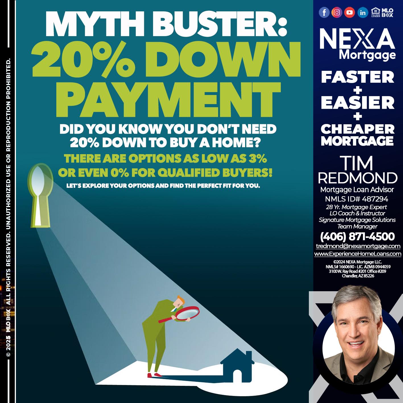 myth buster - Tim Redmond -Mortgage Loan Advisor | NMLS 487294 <br /> 28yr/Mortgage Expert | LO Coach & Instructor <br /> Signature Mortgage Solutions | Team Manager” alt=”myth buster – Tim Redmond -Mortgage Loan Advisor | NMLS 487294 <br /> 28yr/Mortgage Expert | LO Coach & Instructor <br /> Signature Mortgage Solutions | Team Manager” />Hi, my name is Tim Redmond. Iβm a Loan Officer with NEXA Mortgage LLC., offering personalized mortgage solutions, fast customized quotes, great rates and service with integrity.</p>
<div class=