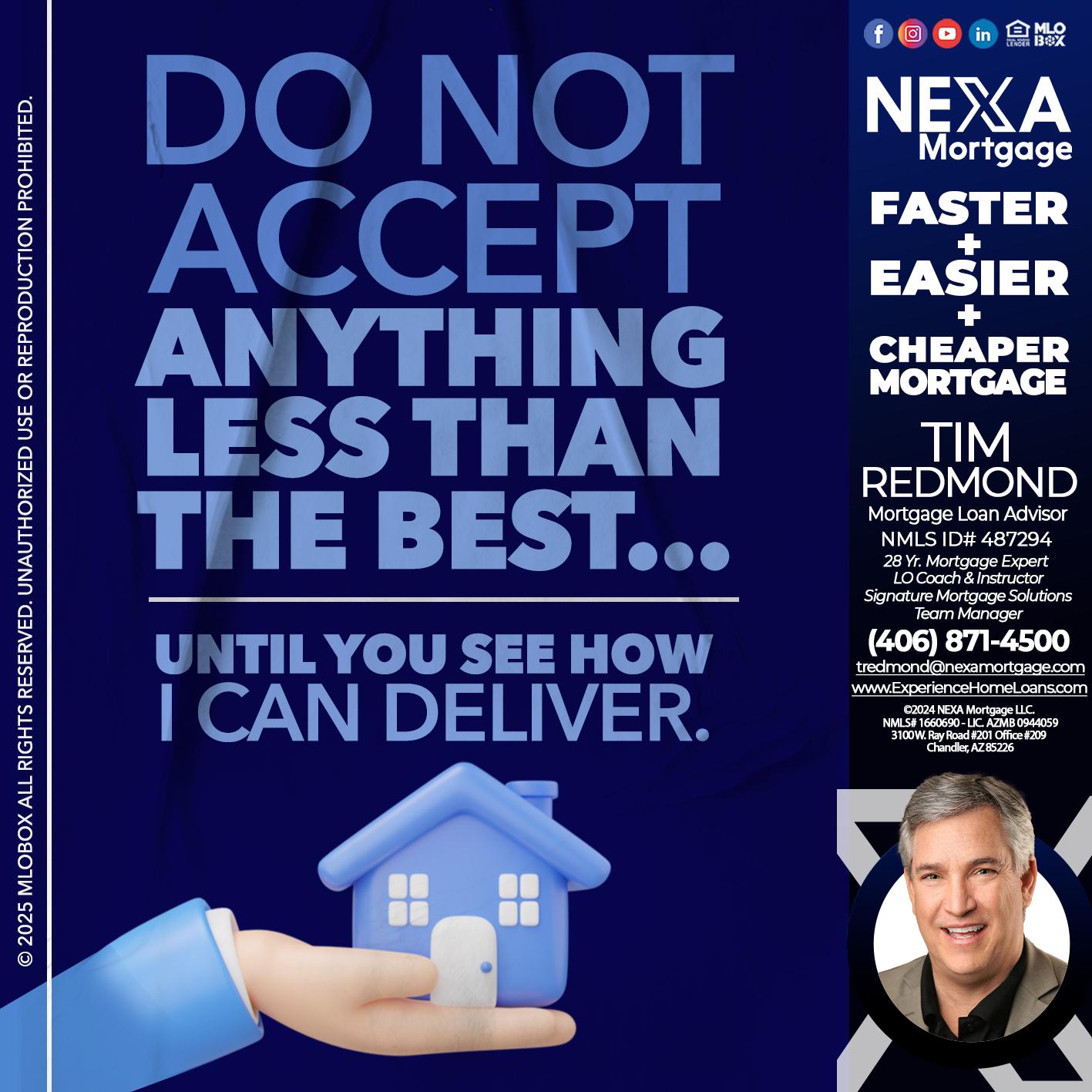 DO NOT ACCEPT - Tim Redmond -Mortgage Loan Advisor | NMLS 487294 <br /> 30yr/Mortgage Expert | LO Coach <br /> Team Manager | Signature Mortgage Solutions” alt=”DO NOT ACCEPT – Tim Redmond -Mortgage Loan Advisor | NMLS 487294 <br /> 30yr/Mortgage Expert | LO Coach <br /> Team Manager | Signature Mortgage Solutions” />Hi, my name is Tim Redmond. I’m a Loan Officer with NEXA Mortgage LLC., offering personalized mortgage solutions, fast customized quotes, great rates and service with integrity.</p>
<div class=