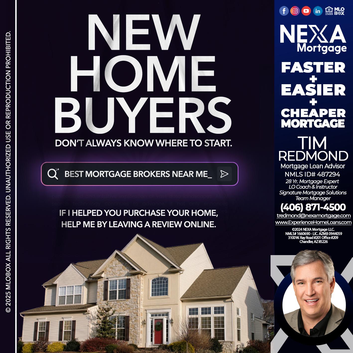 NEW HOME BUYERS - Tim Redmond -Mortgage Loan Advisor | NMLS 487294 <br /> 30yr/Mortgage Expert | LO Coach <br /> Team Manager | Signature Mortgage Solutions” alt=”NEW HOME BUYERS – Tim Redmond -Mortgage Loan Advisor | NMLS 487294 <br /> 30yr/Mortgage Expert | LO Coach <br /> Team Manager | Signature Mortgage Solutions” />Hi, my name is Tim Redmond. I’m a Loan Officer with NEXA Mortgage LLC., offering personalized mortgage solutions, fast customized quotes, great rates and service with integrity.</p>
<div class=