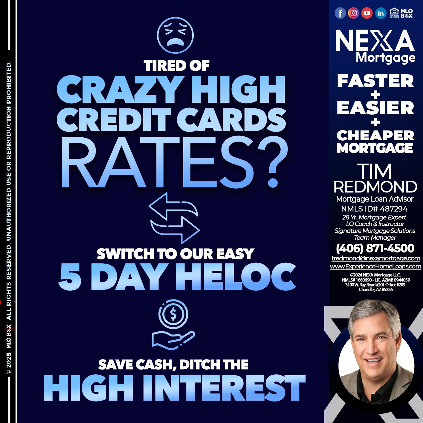 TIRED OF HIGH RATES - Tim Redmond -Mortgage Loan Advisor | NMLS 487294 <br /> 30yr/Mortgage Expert | LO Coach <br /> Team Manager | Signature Mortgage Solutions” alt=”TIRED OF HIGH RATES – Tim Redmond -Mortgage Loan Advisor | NMLS 487294 <br /> 30yr/Mortgage Expert | LO Coach <br /> Team Manager | Signature Mortgage Solutions” />Hi, my name is Tim Redmond. Iβm a Loan Officer with NEXA Mortgage LLC., offering personalized mortgage solutions, fast customized quotes, great rates and service with integrity.</p>
<div class=