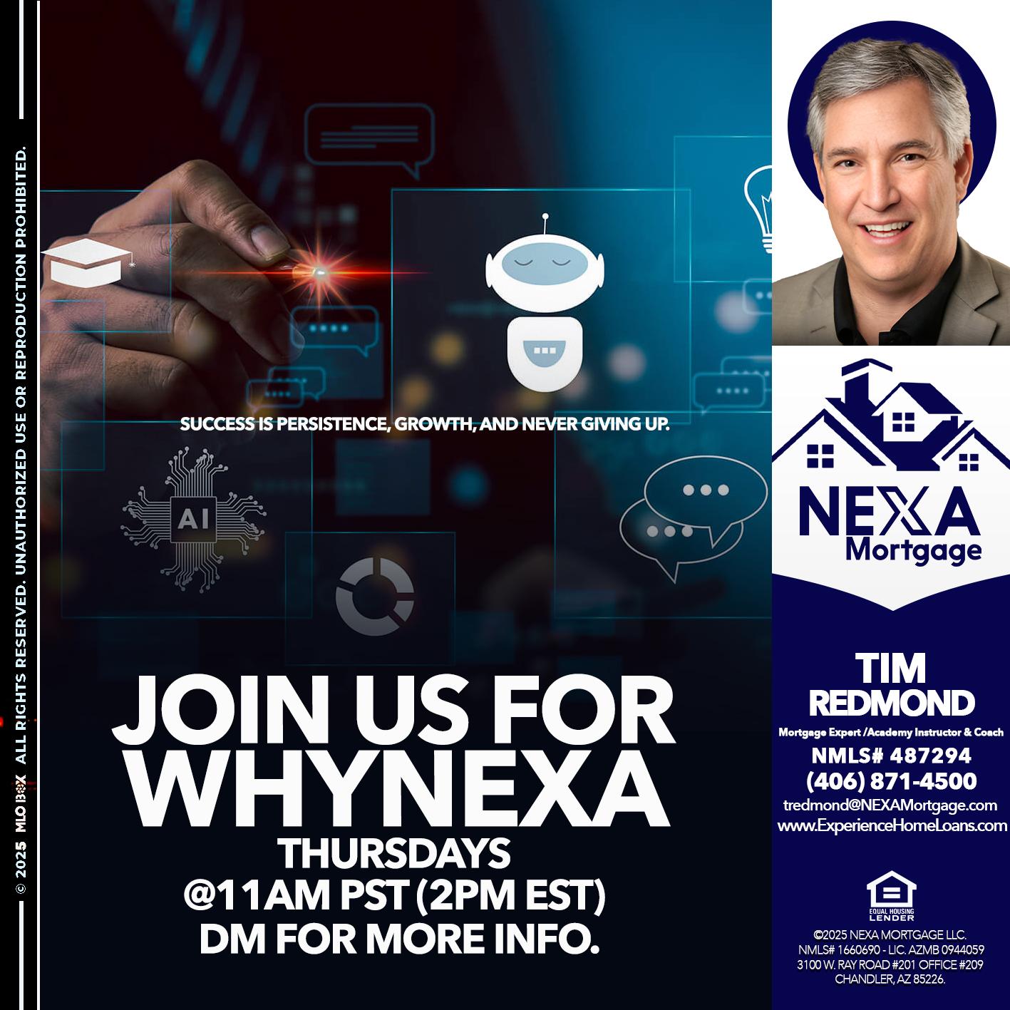 JOIN US FOR WHY NEXA - Tim Redmond -Mortgage Loan Advisor | NMLS 487294 <br /> 30yr/Mortgage Expert | LO Coach <br /> Team Manager | Signature Mortgage Solutions” alt=”JOIN US FOR WHY NEXA – Tim Redmond -Mortgage Loan Advisor | NMLS 487294 <br /> 30yr/Mortgage Expert | LO Coach <br /> Team Manager | Signature Mortgage Solutions” />Hi, my name is Tim Redmond. Iβm a Loan Officer with NEXA Mortgage LLC., offering personalized mortgage solutions, fast customized quotes, great rates and service with integrity.</p>
<div class=