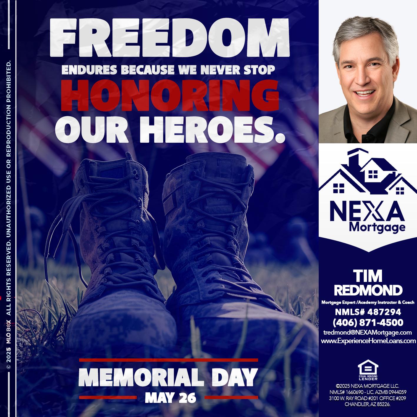 Memorial Day - Tim Redmond -Mortgage Loan Advisor | NMLS 487294 <br /> 30yr/Mortgage Expert | LO Coach <br /> Team Manager | Signature Mortgage Solutions” alt=”Memorial Day – Tim Redmond -Mortgage Loan Advisor | NMLS 487294 <br /> 30yr/Mortgage Expert | LO Coach <br /> Team Manager | Signature Mortgage Solutions” />Hi, my name is Tim Redmond. Iβm a Loan Officer with NEXA Mortgage LLC., offering personalized mortgage solutions, fast customized quotes, great rates and service with integrity.</p>
<div class=
