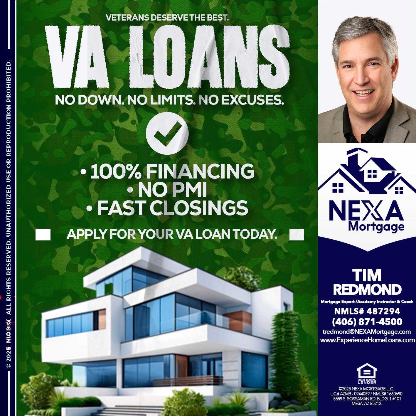 VA LOANS - Tim Redmond -Mortgage Loan Advisor | NMLS 487294 <br /> 30yr/Mortgage Expert | LO Coach <br /> Team Manager | Signature Mortgage Solutions” alt=”VA LOANS – Tim Redmond -Mortgage Loan Advisor | NMLS 487294 <br /> 30yr/Mortgage Expert | LO Coach <br /> Team Manager | Signature Mortgage Solutions” />Hi, my name is Tim Redmond. Iβm a Loan Officer with NEXA Mortgage LLC., offering personalized mortgage solutions, fast customized quotes, great rates and service with integrity.</p>
<div class=