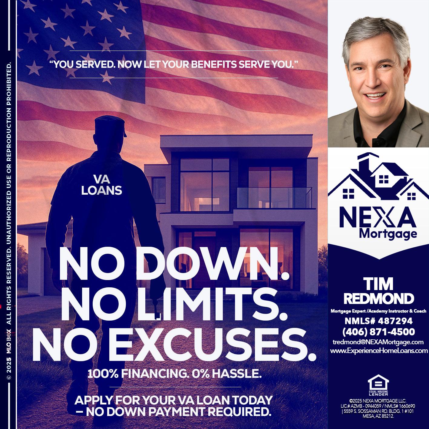 NO DOWN. NO LIMIT. - Tim Redmond -Mortgage Loan Advisor | NMLS 487294 <br /> 30yr/Mortgage Expert | LO Coach <br /> Team Manager | Signature Mortgage Solutions” alt=”NO DOWN. NO LIMIT. – Tim Redmond -Mortgage Loan Advisor | NMLS 487294 <br /> 30yr/Mortgage Expert | LO Coach <br /> Team Manager | Signature Mortgage Solutions” />Hi, my name is Tim Redmond. Iβm a Loan Officer with NEXA Mortgage LLC., offering personalized mortgage solutions, fast customized quotes, great rates and service with integrity.</p>
<div class=